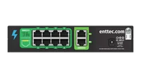 The rear face of the Storm 10 seen flat on, with a green DMX512 block of eight RJ45 ports in two rows numbered 1 to 8 beside a pinout key reading 7,8 for 0V, 1 for DATA+ and 2 for DATA-, a second green DMX512 block holding ports 9 and 10, the enttec.com wordmark, a DC input jack marked 12-24VDC 8W MAX, and a cable clamp.