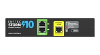 The front face of the Storm 10 seen flat on, printed ENTTEC STORM 10, ETHERNET TO DMX512 and MADE IN AUSTRALIA, with a green DMX512 block holding RJ45 ports 9 and 10, a yellow ETHERNET 10/100 port marked PoE IEEE 802.3af, a status key listing IDLE, SENDING DMX/RDM, MULTI MERGE SOURCES, IP CONFLICT and BOOT / ERROR, and a RESET button.