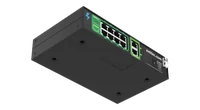 The Storm 10 tilted to show its underside, plain but for four mounting feet and a recessed panel, with the rear face visible along the far edge carrying the eight numbered DMX512 ports, the two-port block and the DC input jack.