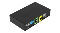 The Storm 10 at a three-quarter angle, a black steel enclosure with ENTTEC embossed across the lid, its front face carrying the ENTTEC STORM 10 name, a green DMX512 block holding two RJ45 ports numbered 9 and 10, a yellow ETHERNET 10/100 RJ45 and a recessed reset button.