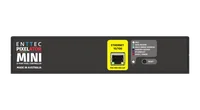 The rear face of the Pixelator Mini, a red PLink panel holding eight numbered RJ45 ports in two rows with a warning against crossover cables, the enttec.com wordmark, the 12-24VDC input jack and an earth screw.