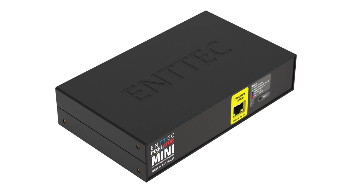 The front face of the Pixelator Mini straight on, printed 'ENTTEC Pixelator Mini, 8-port pixel controller, Made in Australia', with a yellow Ethernet 10/100 panel around the RJ45 socket, the Idle to Boot / Error indicator key and a Reset button.