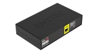The front face of the Pixelator Mini straight on, printed 'ENTTEC Pixelator Mini, 8-port pixel controller, Made in Australia', with a yellow Ethernet 10/100 panel around the RJ45 socket, the Idle to Boot / Error indicator key and a Reset button.