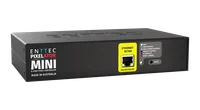 The Pixelator Mini seen at an angle from the front left, ENTTEC embossed across the black lid, with the yellow Ethernet panel, the indicator key and the Reset button on the front face.