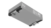 The Pixelator Mini MK2 straight on at eye level, its front face carrying the yellow Ethernet Through and Ethernet 10/100 IN panel, the status LED key and the Reset button.