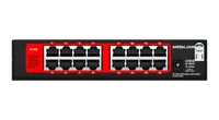 The Pixelator Mini MK2 square on from the back, its red PLink panel holding sixteen numbered RJ45 ports in two blocks of eight, beside the DC input socket and the earth screw.