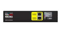 The Pixelator Mini MK2 square on from the front, a yellow panel with the Ethernet Through and Ethernet 10/100 IN PoE sockets stacked, a six-colour status LED key and a Reset button.