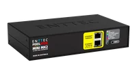 The Pixelator Mini MK2 turned to the left, showing the stacked Ethernet Through and Ethernet 10/100 IN sockets on their yellow panel, the six-colour LED key and the Reset button.