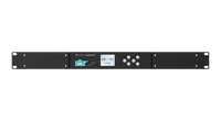 The S-PLAY SP1-1 fitted into a 1U rack panel, its front panel with USB block, screen and arrow pad at the centre and a blank black filler plate with mounting holes on either side.