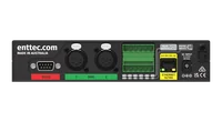 The rear face of the S-PLAY SP1-1 seen flat on, carrying a DB9 on a red RS232 label, two five-pin XLRs on a green DMX 1 and 2 label, two green screw-terminal blocks for relay outputs and digital inputs, a yellow ETHERNET 10/100 PoE socket and a DC input jack.