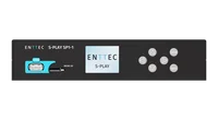 The front face of the S-PLAY SP1-1 seen flat on, with the ENTTEC S-PLAY SP1-1 name at the left, a USB socket in a blue block, a MICRO SD slot, a backlit screen reading ENTTEC S-PLAY and a five-way arrow pad with ENTER and BACK buttons.