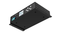 The underside of the S-PLAY SP1-1 in grey, tipped to show two long black mounting bars screwed along opposite edges, each with screw holes at both ends, and the front panel with its screen at the left.