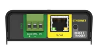 The opposite face of the black S-PLAY MINI seen flat on, with a blue POWER section holding 0V and 12V-24V terminals, a RELAY OUT block marked NC1, CM1 and NO1, and a DIGITAL IN block marked GND, IN1, IN2, IN3 and IN4, all in green screw terminals.