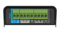 The S-PLAY MINI turned on its corner, showing the lid label and LED colour key on top and one face carrying a green three-way DMX screw terminal, a yellow ETHERNET 10/100 RJ45 socket and a round RESET / TRIGGER button.