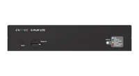 The rear face of the S-Play LITE, carrying a red RS232 D-sub socket, two green-labelled DMX XLR ports numbered 1 and 2, two rows of green screw terminals for relay outputs and digital inputs, a yellow ETHERNET 10/100 PoE socket, a DC input jack and the RCM, UKCA and CE marks.