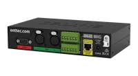 The S-Play LITE from the rear left at an angle, showing the RS232 socket, the two DMX XLR ports, the stacked green screw terminal blocks, the yellow ETHERNET socket and the DC input.