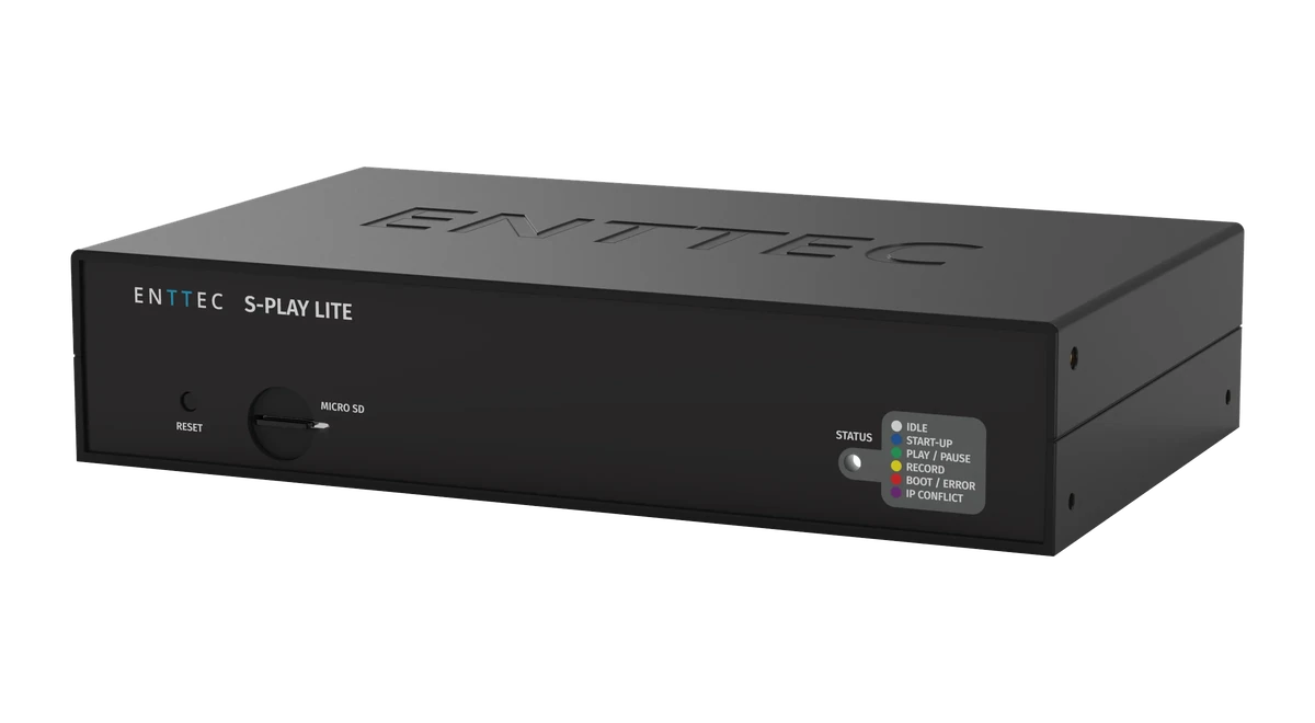 The S-Play LITE seen from the front and above at an angle, a low black half-rack box with ENTTEC embossed across the lid and the RESET, MICRO SD and STATUS markings on the front panel.