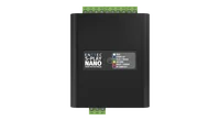 One end of the black S-Play NANO, with a green three-way screw terminal marked DMX, DATA +, DATA - and 0V, a yellow ETHERNET 10/100 RJ45 socket with lit indicators, and a round RESET / TRIGGER button.