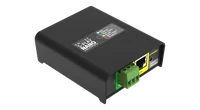 The S-Play NANO seen from directly above, its black lid carrying a label reading ENTTEC S-PLAY NANO, MADE IN AUSTRALIA, a status LED and a legend of six colours for IDLE, START-UP, PLAY / PAUSE, RECORD, BOOT / ERROR and IP CONFLICT, with green screw terminal blocks projecting from the top and bottom edges.