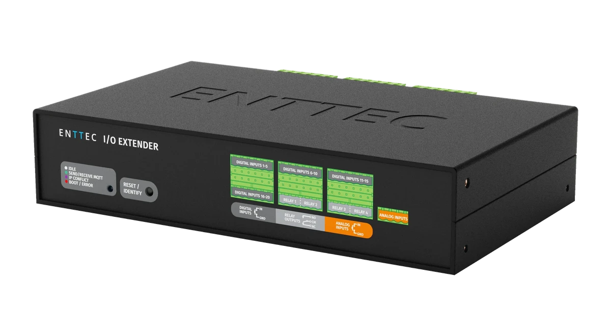 The front face of the I/O Extender straight on, with an LED key reading IDLE, SEND / RECEIVE MQTT, IP CONFLICT and BOOT / ERROR, a RESET / IDENTIFY button, and green labels for DIGITAL INPUTS 1-5 through 16-20, RELAY 1 to 4 and an orange ANALOG INPUTS block.