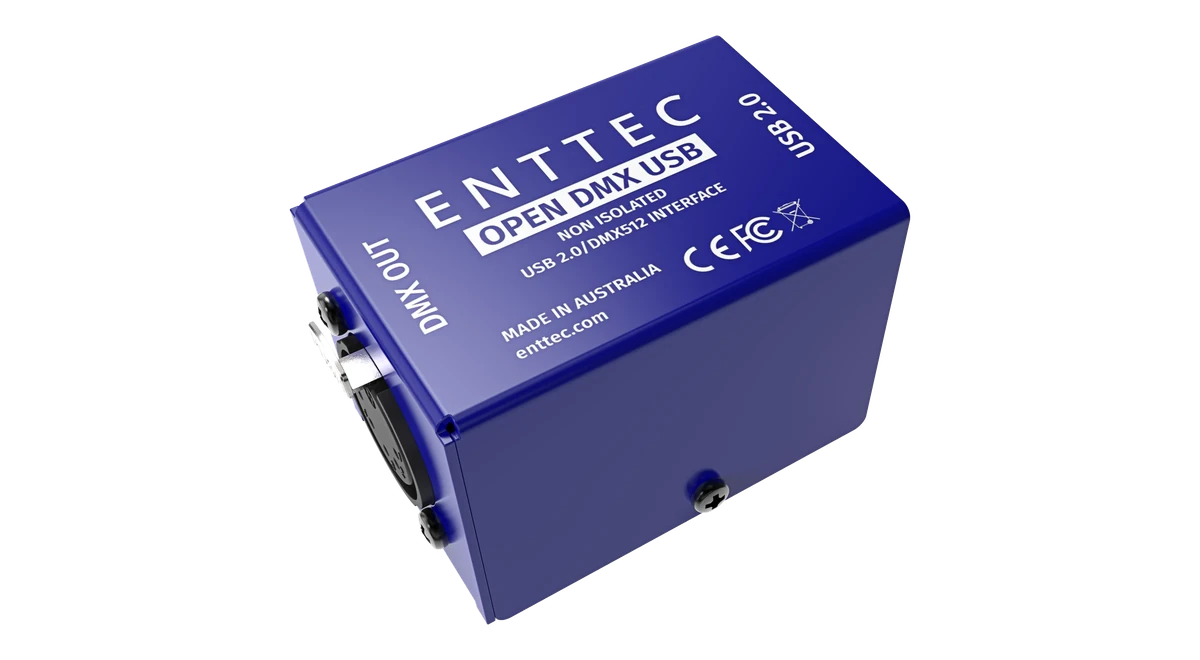 The blue Open DMX USB enclosure from above, the lid printed ENTTEC OPEN DMX USB, NON ISOLATED, USB 2.0/DMX512 INTERFACE and MADE IN AUSTRALIA with CE, FCC and WEEE marks, DMX OUT at one end and USB 2.0 at the other.