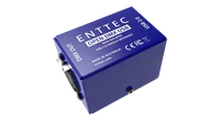 The blue Open DMX USB enclosure from above, the lid printed ENTTEC OPEN DMX USB, NON ISOLATED, USB 2.0/DMX512 INTERFACE and MADE IN AUSTRALIA with CE, FCC and WEEE marks, DMX OUT at one end and USB 2.0 at the other.