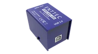 The Open DMX USB tilted so the DMX OUT end faces the camera, the black five-pin XLR socket and silver PUSH latch sitting below the upside-down ENTTEC OPEN DMX USB printing.