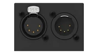 The connector end of the DMX USB PRO: a five-pin XLR socket with a silver PUSH latch beside a five-pin XLR male connector, gold pins in both, four black screws set around them.