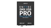 The lid of the black DMX USB PRO straight on, printed USB 2.0 at the top, ENTTEC DMX USB PRO with DMX512 / RDM TO USB in blue, MADE IN AUSTRALIA, and DMX OUT and DMX IN along the bottom edge.