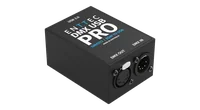 The DMX USB Pro at a three-quarter angle, its lid printed USB 2.0, ENTTEC DMX USB PRO, DMX512 / RDM TO USB and MADE IN AUSTRALIA, with a female DMX OUT XLR under a silver PUSH latch and a male DMX IN XLR on the end panel.