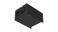 The DMX USB Pro tilted to show its opposite end and underside, that end panel carrying a single silver USB type B socket, with the recessed base plate, four rubber feet and vent slots below.