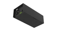 Angled view of the black enclosure from underneath, showing its vented sides, rubber feet and the EtherCon end panel.