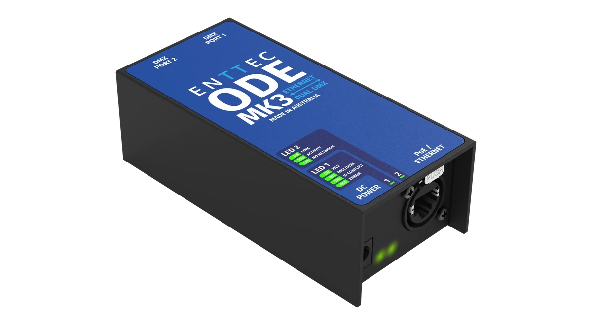 The blue printed lid of the ODE MK3, labelled DMX PORT 1 and DMX PORT 2 along the top, with the LED 1 and LED 2 key, DC POWER and PoE / ETHERNET below.