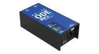 The blue printed lid of the ODE MK3, labelled DMX PORT 1 and DMX PORT 2 along the top, with the LED 1 and LED 2 key, DC POWER and PoE / ETHERNET below.
