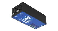 The ODE MK3 at an angle with its blue printed lid facing out and both latched 5-pin XLR DMX outputs, DMX PORT 1 and DMX PORT 2, on the end panel.