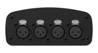 The D-Split output panel head on, four 3-pin female XLR sockets in a row, each under a silver PUSH latch, set in a black rounded plate ringed with cross-head screws.
