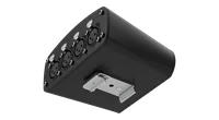The D-Split tilted to show its output end and underside, four female XLR sockets under silver PUSH latches (two 3-pin then two 5-pin) and a silver DIN rail clip screwed to the base.