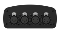 The D-Split output panel head on, four female XLR sockets under silver PUSH latches, the left two 3-pin and the right two 5-pin, set in a black plate ringed with cross-head screws.
