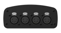 The D-Split output panel head on, four 5-pin female XLR sockets in a row, each under a silver PUSH latch, set in a black rounded plate ringed with cross-head screws.