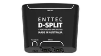 The D-Split from directly above, its lid printed ENTTEC D-SPLIT, 4 PORT ISOLATED DMX SPLITTER and MADE IN AUSTRALIA, a DMX OUT outline along the top edge, and along the bottom edge a 7-24 VDC IN barrel jack, a 5-pin and a 3-pin male DMX IN XLR and a green LED.