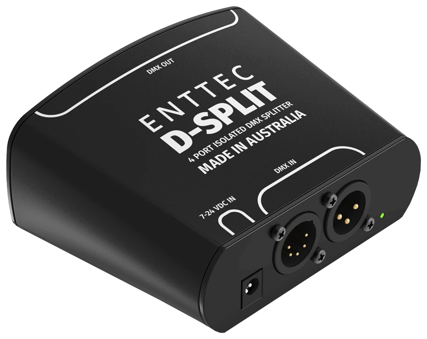 The D-Split at a three-quarter angle from above, the lid printed ENTTEC D-SPLIT, 4 PORT ISOLATED DMX SPLITTER and MADE IN AUSTRALIA with DMX OUT, DMX IN and 7-24 VDC IN outlines, and a barrel jack, a 5-pin and a 3-pin male XLR and a green LED on the near end panel.