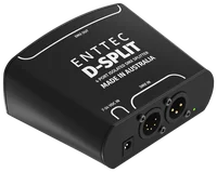 The D-Split at a three-quarter angle from above, the lid printed ENTTEC D-SPLIT, 4 PORT ISOLATED DMX SPLITTER and MADE IN AUSTRALIA with DMX OUT, DMX IN and 7-24 VDC IN outlines, and a barrel jack, a 5-pin and a 3-pin male XLR and a green LED on the near end panel.