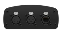 The EMU rear panel head on, carrying a 5-pin female XLR, a 3-pin female XLR and an EtherCON RJ45 socket in a row, each under a silver PUSH latch.