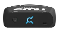 The EMU hardware interface seen straight on from its front face, carrying a 6.35 mm jack socket, the EMU logo lit blue to show status, and a USB-C port.