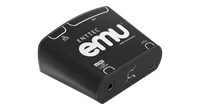 The EMU hardware interface at a three-quarter angle, its lid printed ENTTEC emu and MADE IN AUSTRALIA with Ethernet, DMX, MIDI / FOOT SWITCH and USB port markings, and a jack socket, the EMU logo and a USB-C port along the near face.