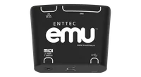 The EMU hardware interface from directly above, the lid printed ENTTEC emu and MADE IN AUSTRALIA with an Ethernet icon, DMX, MIDI / FOOT SWITCH and a USB icon beside the port outlines.