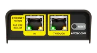 End panel with two yellow-bordered RJ45 sockets marked IN and THROUGH under the printed ETHERNET 10/100 and PoE IEEE 802.3af legend, with a recessed RESET button beside them.