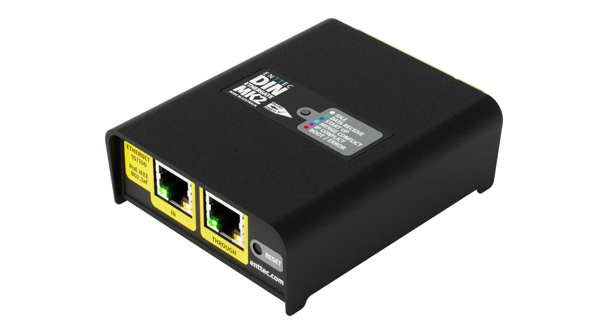 The face of the black enclosure, three green pluggable terminal blocks along its top edge and a printed label reading DIN ETHERGATE MK2 beside a colour key for the status LED.