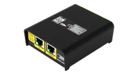 The face of the black enclosure, three green pluggable terminal blocks along its top edge and a printed label reading DIN ETHERGATE MK2 beside a colour key for the status LED.