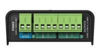 The opposite end of the OCTO, carrying three green screw-terminal blocks: a two-way POWER block marked 0V, V+, 4-60VDC and 5W MAX, and two four-way output blocks marked 0V, DATA, CLK and V+, numbered 2 and 1.